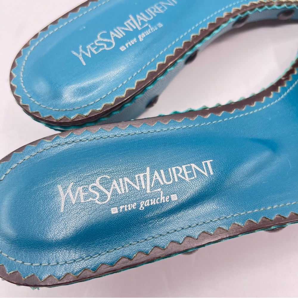 YSL Vintage Women’s 41 Yves Saint Laurent Blue/Green Leather Slide Sandals Italy - Picture 9 of 14